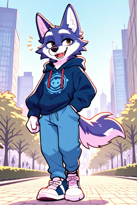 an indigo wolf walking in the park at morning wearing a blue hoode and blue pants, city background, happy expression, white eyebrows.
