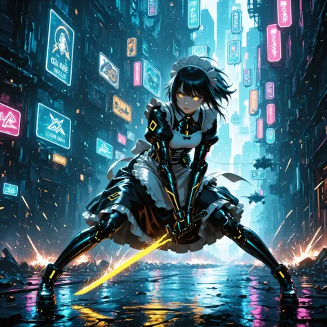masterpiece, best quality, ultra-detailed (1.5), cyberpunk maid full body (1.3), glowing black hair (1.3), yellow cybernetic eyes (1.5), classic maid outfit with modern variation (1.2), mechanical body modifications (1.3), sword-drawing stance (1.3), long ...