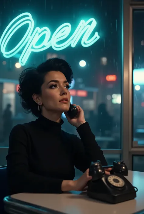 A cinematic medium shot of a thoughtful young woman with a 1960s beehive hairstyle and sharp cat-eye eyeliner, sitting at a dimly lit retro diner counter. She's wearing a sleek black turtleneck. The scene is illuminated only by the cool, electric blue glow...