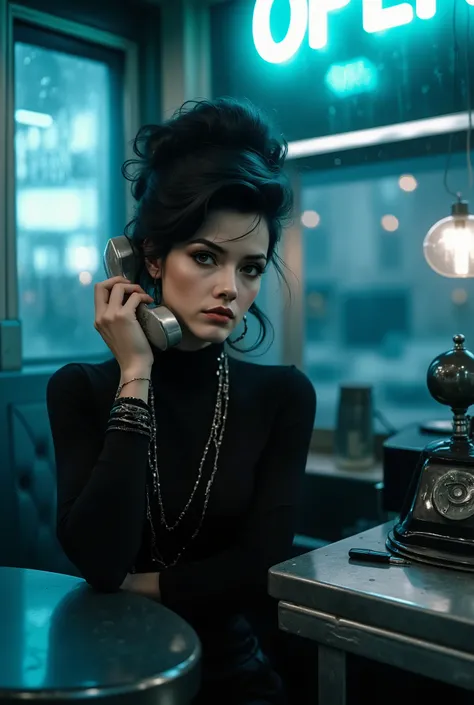 A cinematic medium shot of a thoughtful young woman with a 1960s beehive hairstyle and sharp cat-eye eyeliner, sitting at a dimly lit retro diner counter. She's wearing a sleek black turtleneck. The scene is illuminated only by the cool, electric blue glow...