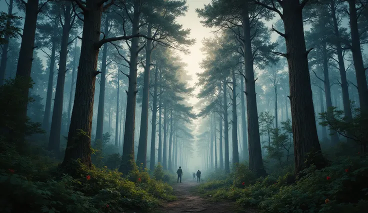 A dense forest of tall pine and fir trees covered in thick morning fog, mysterious mist rolling between the treetops, dark green foliage with soft highlights, cinematic atmosphere, ultra realistic, moody lighting, Unreal Engine render style