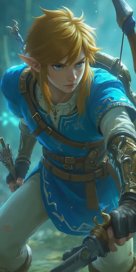 Elden Ring,During combat,Light blue clothes,Blonde,link,1man,holds a bow and arrow,The Legend of Zelda,dark fantasy,Action,dynamic,beautiful,beautiful,colorful,Realistic,live-action,realistic,safe content (masterpiece, 最High Quality, High Quality, detailed...