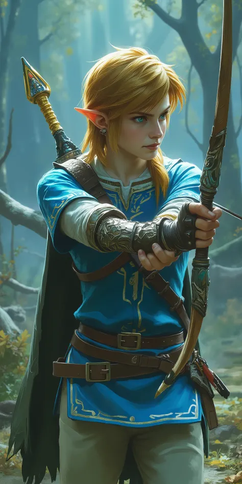 Elden Ring,During combat,Light blue clothes,Blonde,link,1man,holds a bow and arrow,The Legend of Zelda,dark fantasy,Action,dynamic,beautiful,beautiful,colorful,Realistic,live-action,realistic,safe content (masterpiece, 最High Quality, High Quality, detailed...