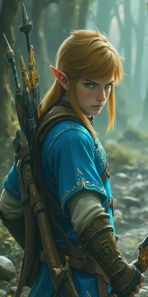 Elden Ring,During combat,Light blue clothes,Blonde,link,1man,holds a bow and arrow,The Legend of Zelda, Dark World ,dark fantasy,Action,dynamic,beautiful,beautiful,colorful,Realistic,live-action,realistic,safe content (masterpiece, 最High Quality, High Qual...