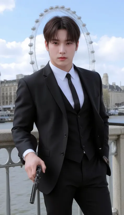 A portrait image shows a young, handsome Korean secret agent holding a gun, like James Bond, on the embankment of the Thames, with the iconic London skyline behind her, in a vivid style.

The man is handsome and very muscular. He has fluffy K-pop hairstyle...