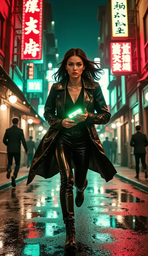 Dynamic view from the bottom corner on a wet asphalt street at night. A fearless young woman with a hairstyle in the style of the 60s (a smooth square with a hoop) and dramatic arrow-liner runs into the sprint. She clutches a mysterious glowing data casset...