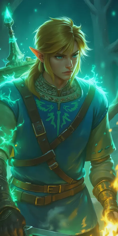 Elden Ring,During combat,Light blue clothes,Blonde,link,1man,I have a torchlight on fire,holds a sword,I have a green aura on my arm,The Legend of Zelda, World of Darkness,dark fantasy,close-up,Action,dynamic,beautiful,beautiful,colorful,Realistic,live-act...