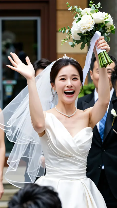 beautiful bride, cute and emotional, smiling, tears streaming down her face, wearing layered wedding dress, throwing bouquet, floating bouquet mid-air, dynamic, focus on bride, guests around looking up at the bouquet, realistic photography, wedding scene, ...