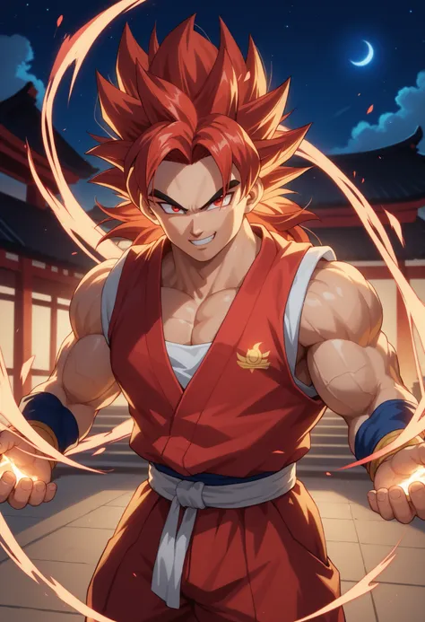 man, thin, fighter, focus on character, red hair, bright red eyes, smiling, night, red aura surrounding character, looking at viewer, red energy, hot energy, Japanese temple in background, fantastic lighting, red lighting, red combat kimono, sleeveless, co...