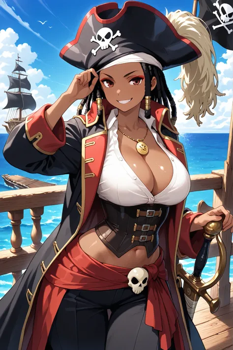 High resolution, Masterpiece, (beautiful African woman),((dark skin)), tall, dreadlocks, hourglass figure, abs, _large_breasts_, exotic makeup, skull and bone fabric, (pirate flag), black pirate coat and hat, red trim, skull buttons, corset, medallion, hol...