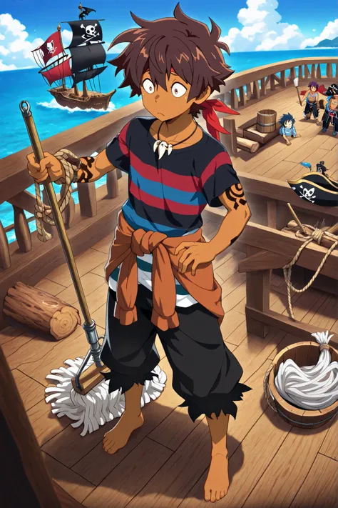 High resolution, Masterpiece, (Polynesian pre-teen boy), Māori tattoos,((brown skin)), wild hair, bandanna, striped shirt, ragged pants with a rope tied around his waist, bare feet, shark tooth necklace, carrying a mop and wooden bucket, (pirate flag), con...