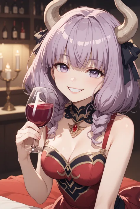 masterpiece,Super Detailed,beautiful faces,And high-precision,cute devil girl,(One woman in between stores),You can see,has a devil candle holder behind the bed、Candlelight,external, Expression of victory ,I'm sitting on the devil's dim bedroom bed in my ...