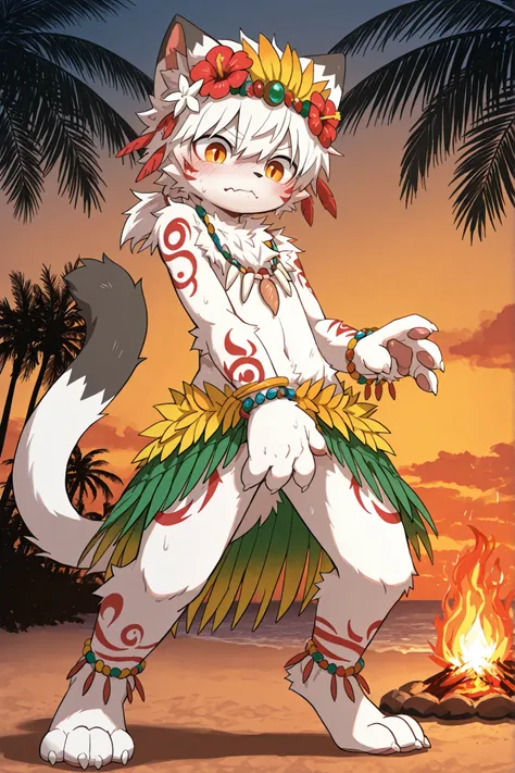 High Quality, masterpiece, 8K Detailed Description, 1boy,solo, white cat boy, white fur, furry, Full body painting, Standing picture,Hawaiian Ethnic Style Beastman Boy,Rub your crotch against the Shota body ,  amber eyes, , fluffy white hairs, Traditional ...