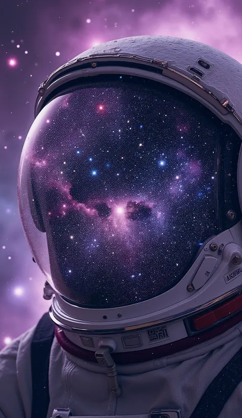 (masterpiece:1.6), (8k ultra realistic close-up:1.6), astronaut helmet visor filling the frame::1.6, double exposure inside the glass showing a vivid galaxy of stars, nebulas and cosmic dust::1.6, saturated purples, blues and pinks::1.5, starlight reflecti...