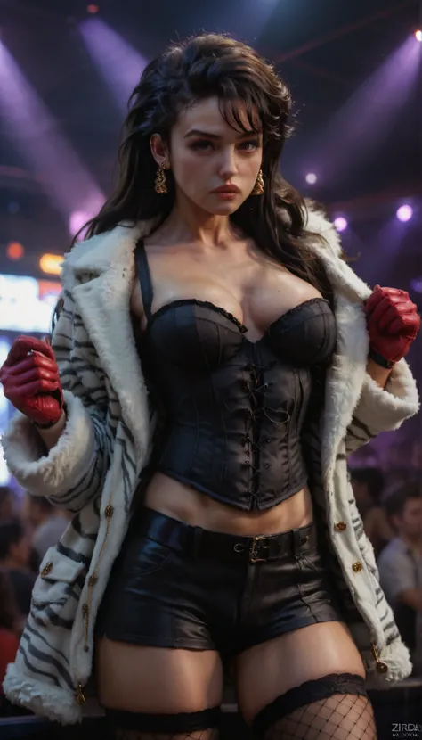 ((Monica Bellucci)) score_9, score_8_up, score_7_up, score_6_up, masterpiece, best quality, intricate details, 1 woman, Fringe Hair, aesthetic body, athletic body, big breast, big boobs dark long hair with fringe \(white highlight, zigzag pattern\), earrin...