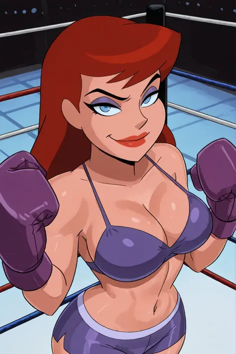 BREAK, score_6_up, score_7_up, score_8_up, score_9, barbaragordon, 1girl, long hair, red hair, blue eyes, lipstick, makeup, very large breasts, busty, cleavage, curvy, athletic, looking at viewer, seducing viewer, teasing viewer, seductive expression, smil...