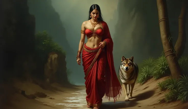 Full hd elegant picture of a villager is walking in dark scary desert where a beautiful and sexy women walking with the blood on her body and she is wearing wet saree and wet blouse and a wolf staring at her