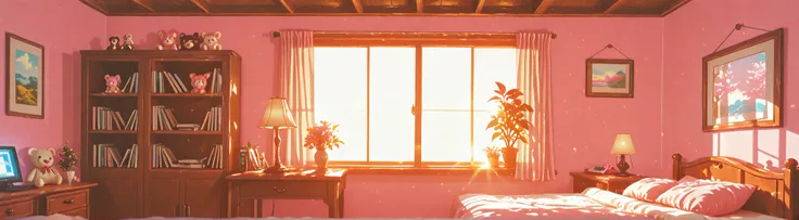 ultra detailed 360 equirectangular panorama, anime style bedroom interior, cozy warm atmosphere, pastel colors, cute decorations, bookshelves, desk with computer and lamp, bed with plush toys, sliding shoji doors, soft morning sunlight through the window, ...