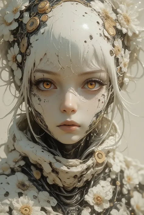 semi-realistic,HassaKu_illu, artist:moriimee, 748cmstyle, jsyu_style, 2025. 09, (1girl, solo, masterpiece, best quality, amazing quality, absurdres, newest), BREAK, depth of field, flowers, cyborg, wires, broken, white hair, messy hair, hair covering eyes,...