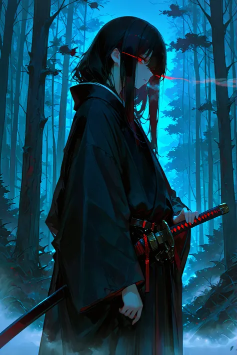 sheathed sword,748cmstyle, 1girl, solo, best quality, red eyes, long black hair, black japanese robes, katana at side, scabbard, sheathed katana, standing, forest, dignified, noble, calm, night, sideview, night, eye trail, hand on hilt, glancing at viewer,...