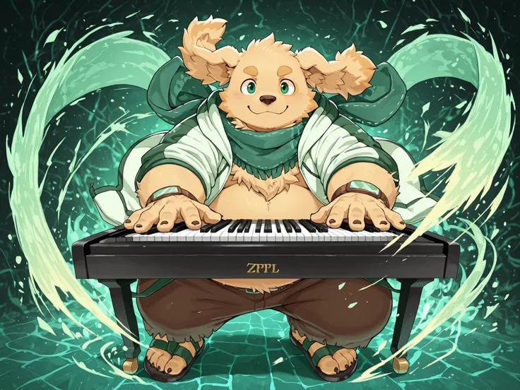 zPDXL3, foreshortening, motion blur, green and white jacket, rugged long pants, green scarf, sandals, extreme closeup, closeup, playing the piano, green powers, viewing at the viewer, full body, fantasy background, BREAK cu sith, golden retriever, furry ma...