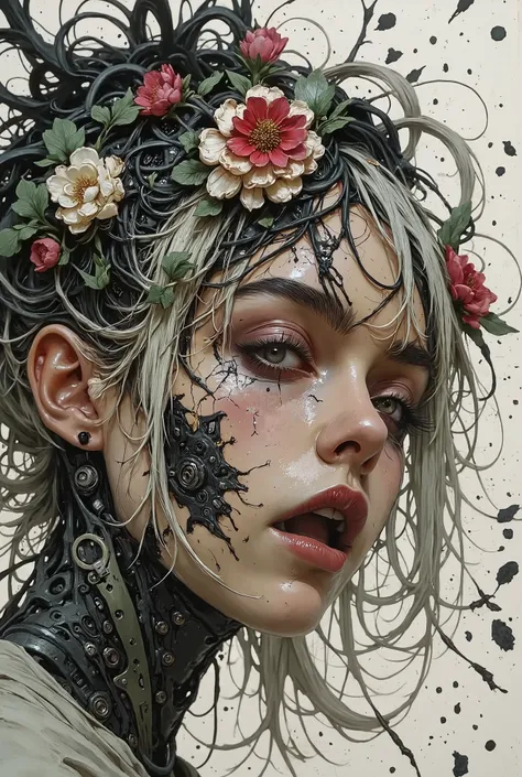 semi-realistic,HassaKu_illu, artist:moriimee, 748cmstyle, jsyu_style, 2025. 09, (1girl, solo, masterpiece, best quality, amazing quality, absurdres, newest), BREAK, depth of field, flowers, cyborg, wires, broken, white hair, messy hair, hair covering eyes,...