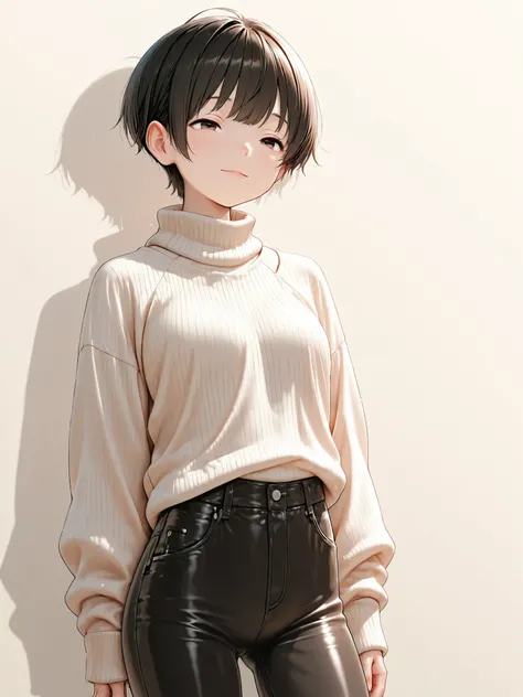 Solo, single female, 20 years old, light smile, black hair, pixie cut, (detailed dark brown eyes, half-open eyes), turtleneck sweater, tight pants, cowboy shot, perfect anatomy, diagonal front view,
