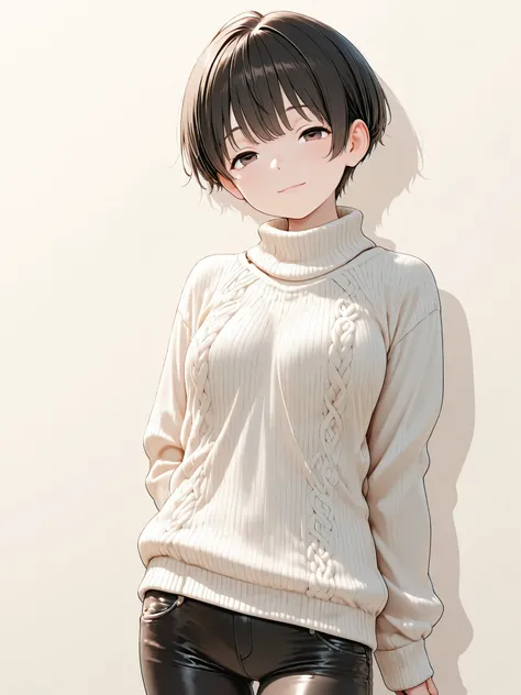 Solo, single female, 20 years old, light smile, black hair, pixie cut, (detailed dark brown eyes, half-open eyes), turtleneck sweater, tight pants, cowboy shot, perfect anatomy, diagonal front view,