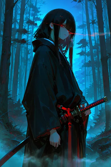 sheathed sword,748cmstyle, 1girl, solo, best quality, good hands, red eyes, long black hair, black japanese robes, katana at side, scabbard, sheathed katana, standing, forest, dignified, noble, calm, night, sideview, night, eye trail, hand on hilt, glancin...