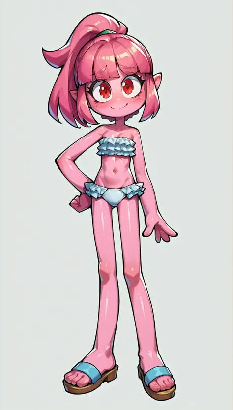 score_9, score_8_up, score_7_up, source_anime, 1girl, solo, monster girl, deep pink hair, straight bangs, pointed spiky topknot ponytail, red eyes, half close eyes, pink skin, four fingers, finn ears, ((white bundeau strapless frilly bikini, sandals)), nau...