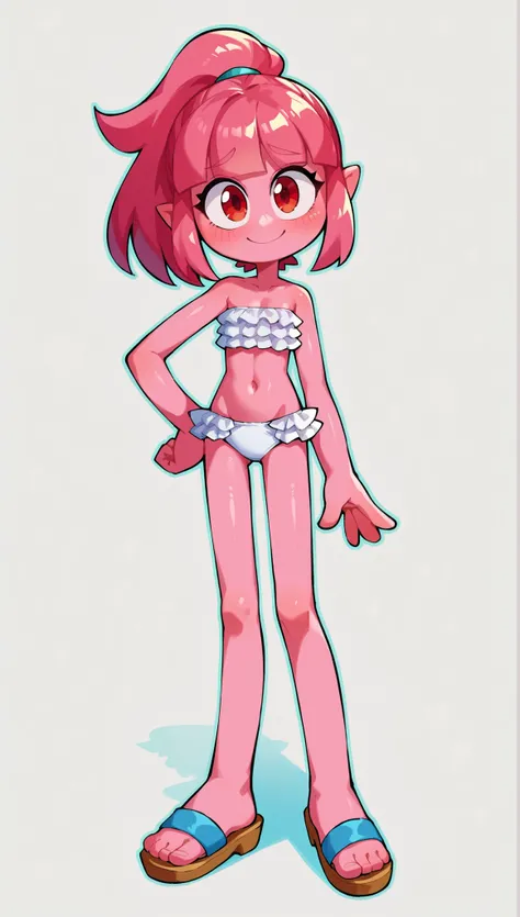score_9, score_8_up, score_7_up, source_anime, 1girl, solo, monster girl, deep pink hair, straight bangs, pointed spiky topknot ponytail, red eyes, half close eyes, pink skin, four fingers, finn ears, ((white bundeau strapless frilly bikini, sandals)), nau...