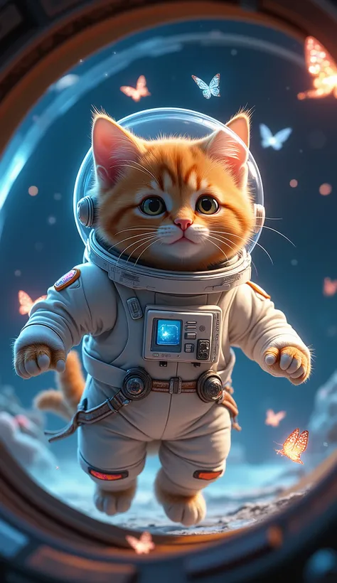 (A fluffy orange tabby cat proudly wearing a detailed, miniature white spacesuit (with colorful patches). The large space helmet reveals his curious expression. Floating inside the futuristic cockpit. Pixar style, cinematic lighting, nebular background.)(T...
