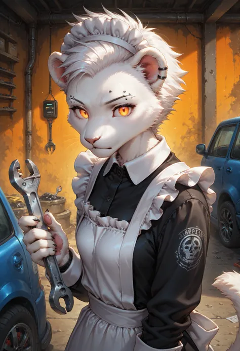 score_9, score_8_up, score_7_up,solo , anthro , Zaffa , lioness, Orange gradient eyes, black and white hair , white fur , fluffy fur , detailed fur , black tattoo , eyebrow piercing , ear clip , slim body, action pose, serious face, glowing eyesmasterpiece...