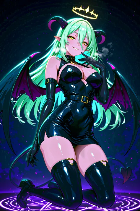 ephemeral, a blood pact with a succubus, charming smile, (seductive pose, kneel on the magic circle:1.3, Internal illumination glow), real skin, 
a shining pentagram, angel halo, parallel demonic wings, existence, stardust Tuning, solo, (from below, side v...