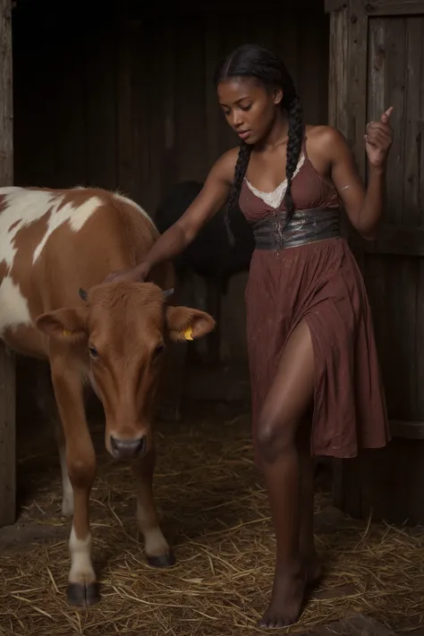 photorealistic portrait of a young Black woman, very dark black skin toned, with dark braids, early 19th Century Mississippi Plantation slave, posing erotically next to a jersy maid cow. The setting is inside a stable with livestock and hay floor. The woma...