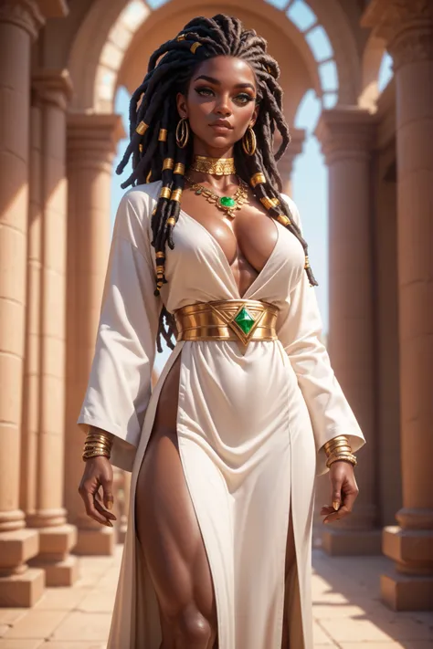 athletic woman, gorgeous woman, african woman, dark skin, black skin, gold choker, dreadlocks, standing, priestess robe, cleavage, emerald pendant, leg slit