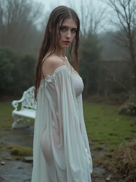 A cinematic full body photo of a young woman outdoors on a misty, overcast day, wearing a soaked white nightdress that clings naturally to her form. Her wet hair cascades over her shoulders as she glances back with dramatic intensity, evoking the mood of c...