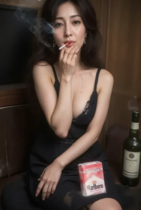 Beautiful 45 year old mature woman (smoking: 0.8), (holding a cigarette in her mouth), ((((hyper-realistic image of a green and white Marlboro Menthol box))), ((holding a Marlboro Menthol box in her hand)), ((holding a Marlboro Menthol box in her breast po...