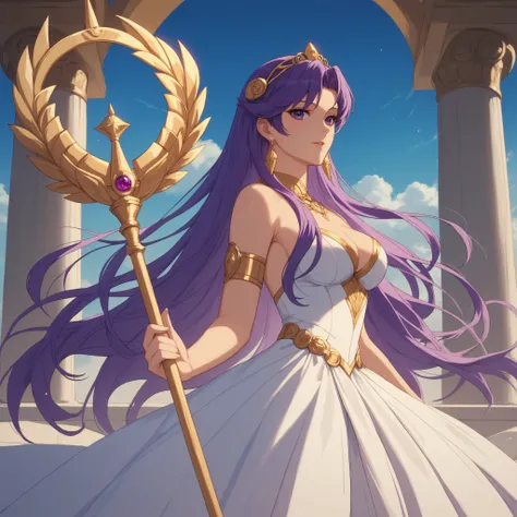 "Saori Kido, the reincarnation of the goddess Athena from Saint Seiya. A beautiful young woman with long flowing purple hair, large violet eyes, and fair glowing skin. She wears Athena’s sacred white dress, elegant and flowing with golden ornaments, and ho...