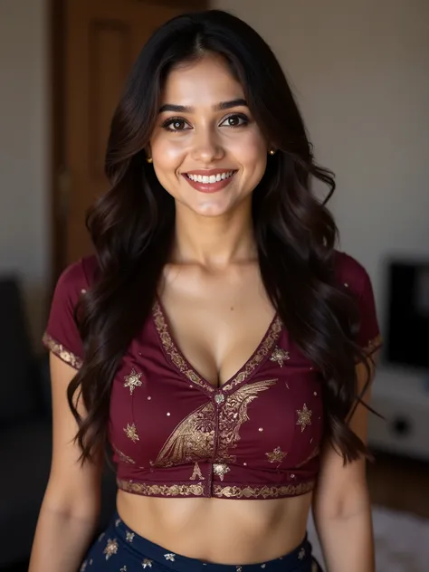 anaswarasdxl, Full body image of an Indian girl with smiling look, fair skin tone, light grey eyes, fox eyelashes, thin eyebrows, black eye liner, silver eyeshadow, natural blush, and red lipstick. Her hairs are long, brown, wavy and stylish. She is wearin...