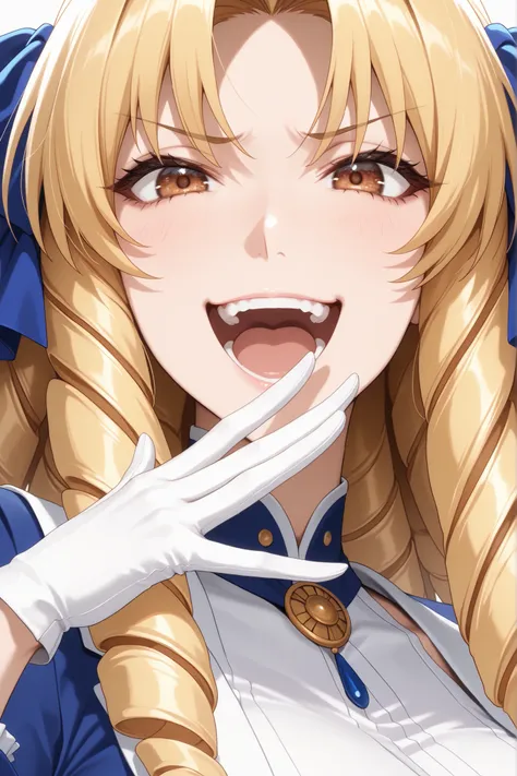,luviagelita edelfelt, long hair, brown eyes, hair bow, blonde hair, drill hair, large breasts,,gloves, dress,frills, white gloves, blue dress,

 ojou-sama pose, laughing, smug, hand to own mouth, open mouth,

close up, close up to face, 

solo, general, m...