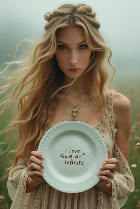 Beautiful girl with long, wavy hair, bohemian dress, holding a white plate with the text "I Love Seaart Infinity" and showing it to the viewer