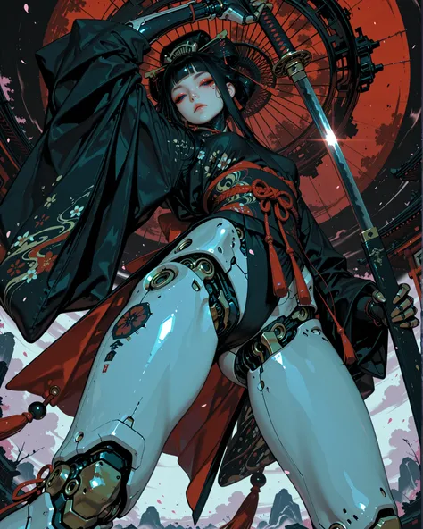 ((low angle))Geisha robot, dynamic pose, holding a katana