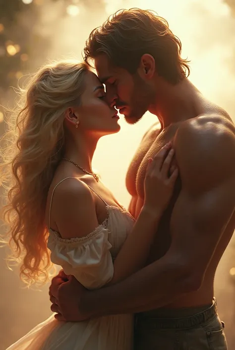 Make a picture of a beautiful blonde girl with a handsome guy kissing her from the mouth