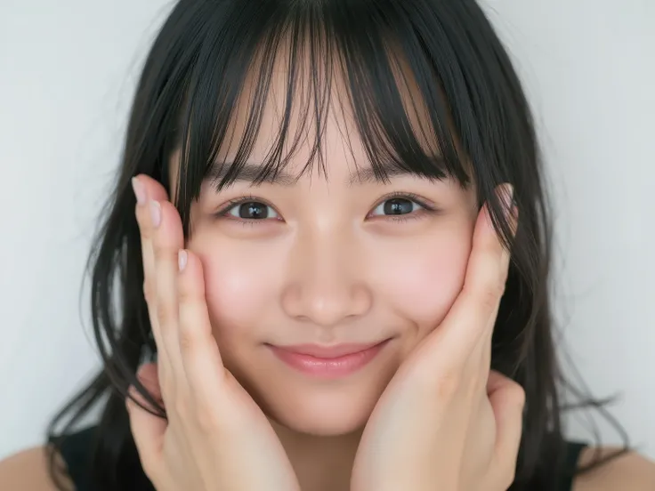 (Refined from an old photo, recreated in a modern, ultra high-quality photorealistic style, with a trendy Reiwa-era hairstyle: soft semi-long hair with natural waves and airy see-through bangs), 
Ultra photorealistic close-up portrait of a beautiful Japane...