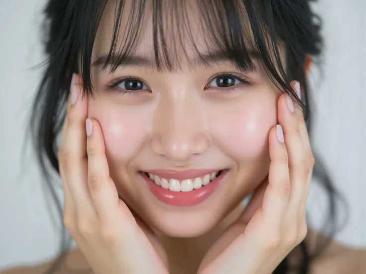 (Refined from an old photo, recreated in a modern, ultra high-quality photorealistic style, with a trendy Reiwa-era hairstyle: soft semi-long hair with natural waves and airy see-through bangs), 
Ultra photorealistic close-up portrait of a beautiful Japane...