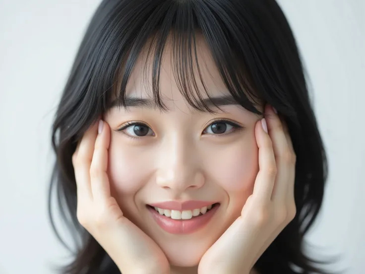 (Refined from an old photo, recreated in a modern, ultra high-quality photorealistic style, with a trendy Reiwa-era hairstyle: soft semi-long hair with natural waves and airy see-through bangs), 
Ultra photorealistic close-up portrait of a beautiful Japane...