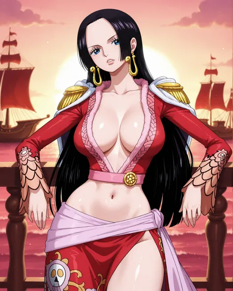 Boa hancock from the anime one peice, wearing a red 2 piece beach wear outfit, on a pirate ship, leaning on the ships guard rail, slim thick body type, busty.