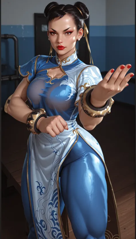 chun li,big butt, clean, big breasts, big thighs, looking at viewer, red lipstick