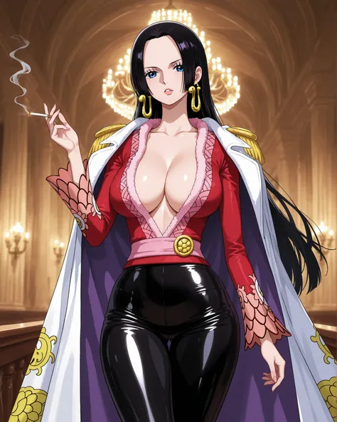 Boa hancock from the anime one peice, wearing a fashionable opened over coat, cleavage showing, long black tight leather pants, in paris, smoking a cigarette, slim thick body type, busty.
